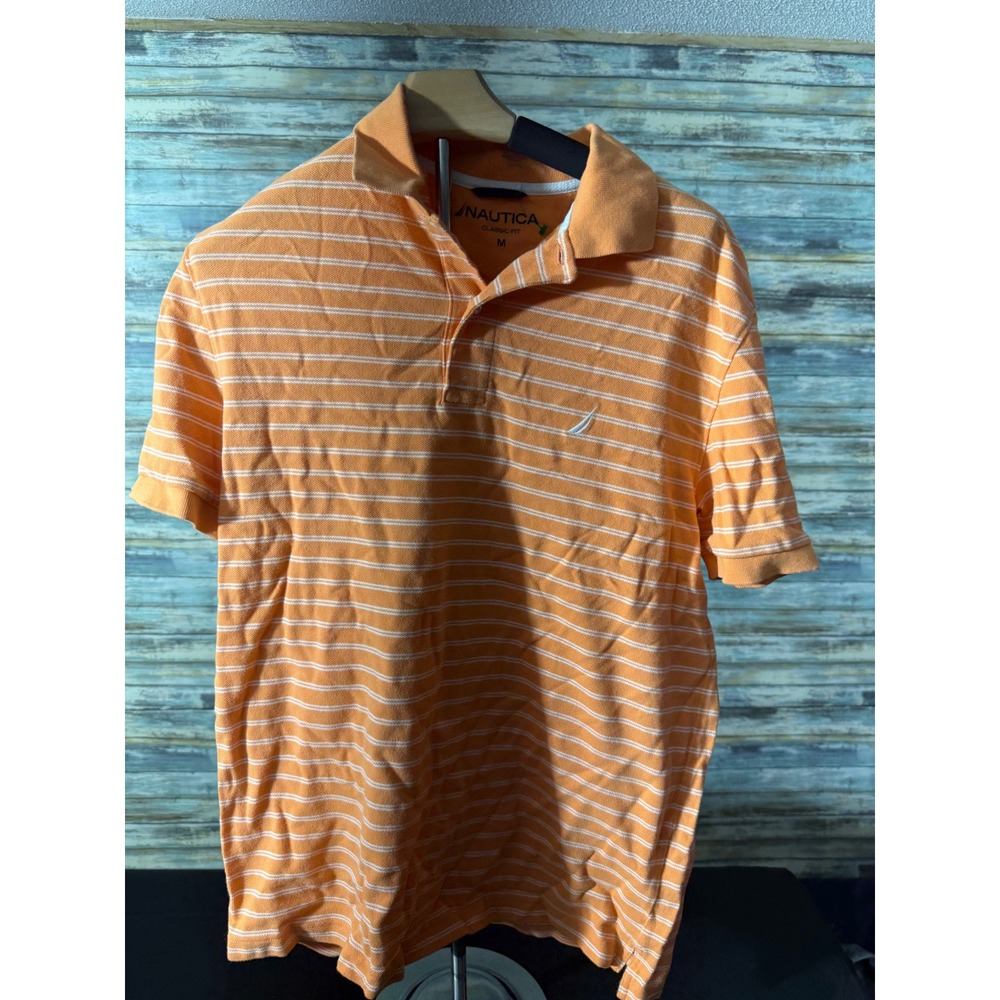Nautica Polo Shirt Medium Orange Excellent Classic Fit Striped Short Sleeve Mens